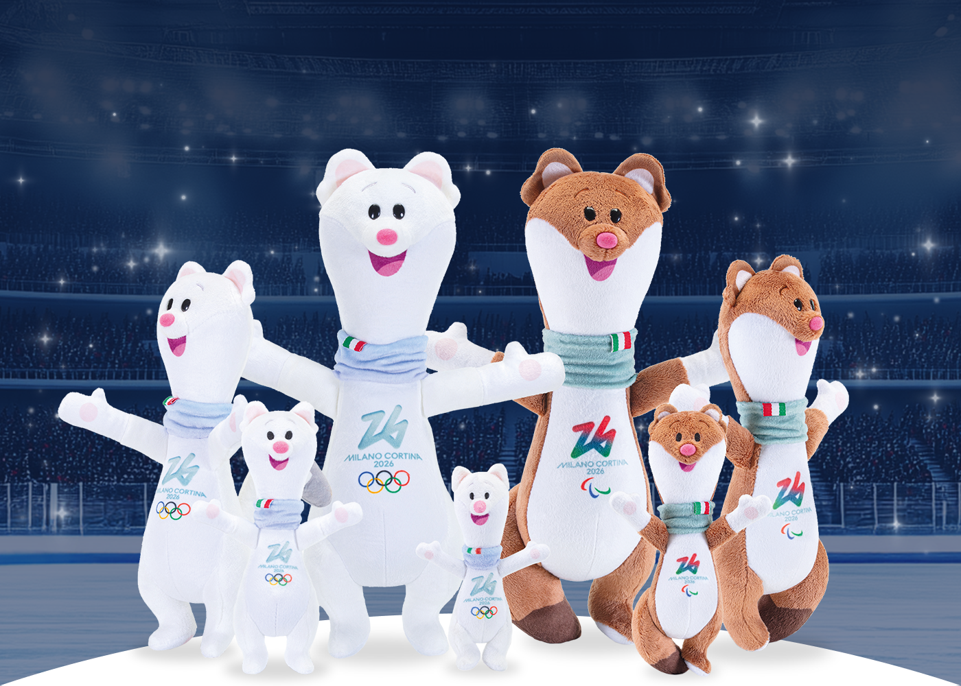 Four different styles of Tina the Olympic Winter Games plush mascot and three different styles of Milo the Paralympic Winter Games mascot.